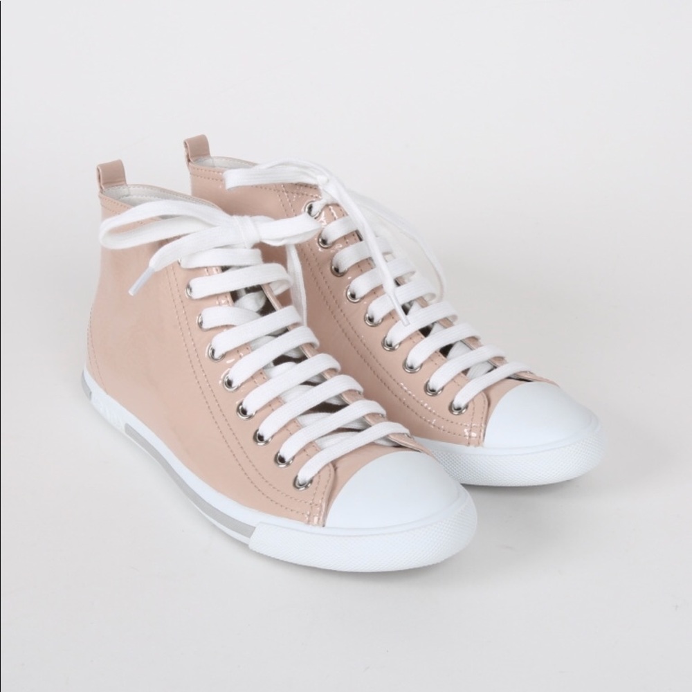 Prada Nude Patent Leather High Top Sneakers